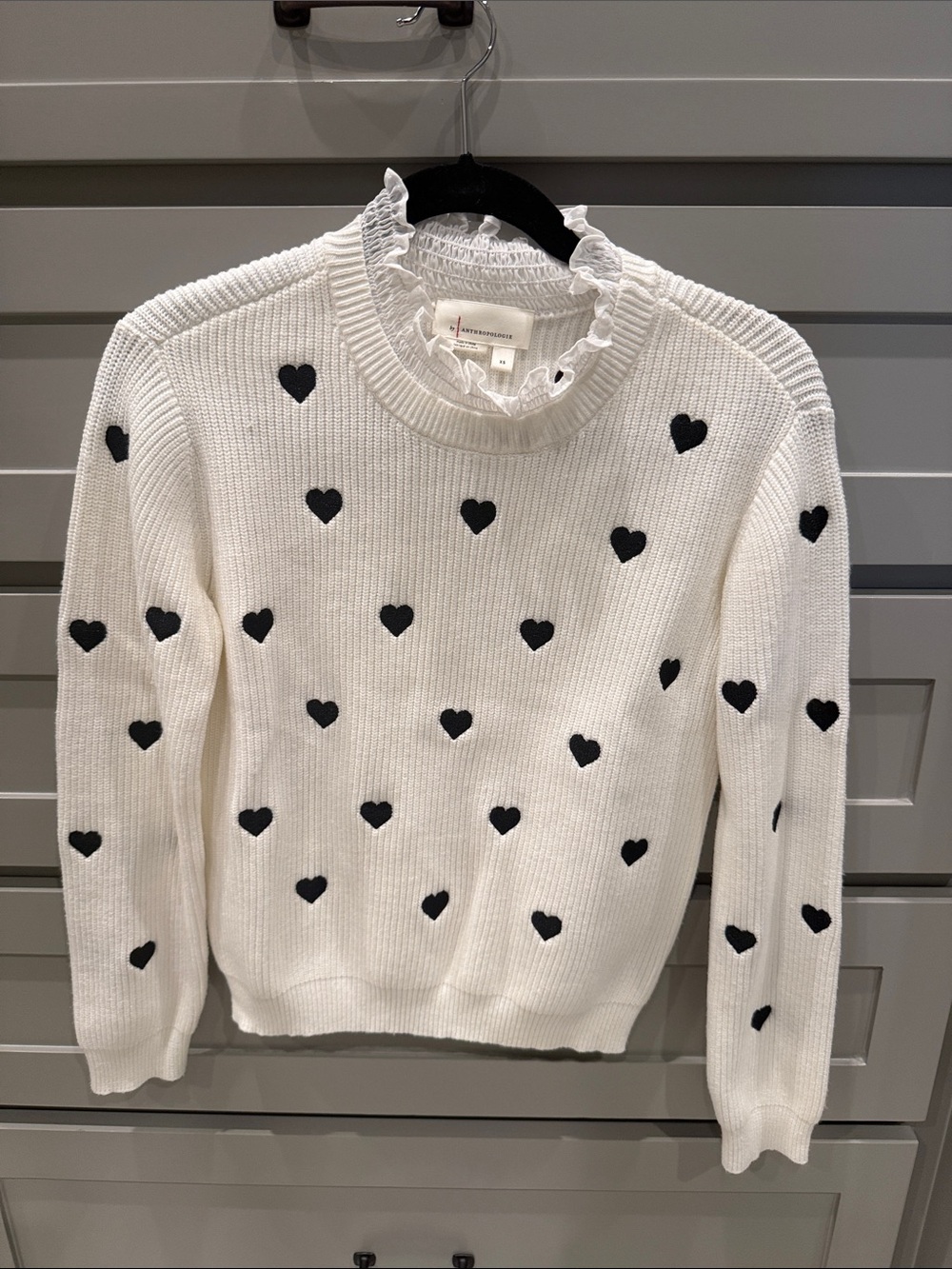 Anthropologie Ruffled Collar Heart Embroidered Sweater